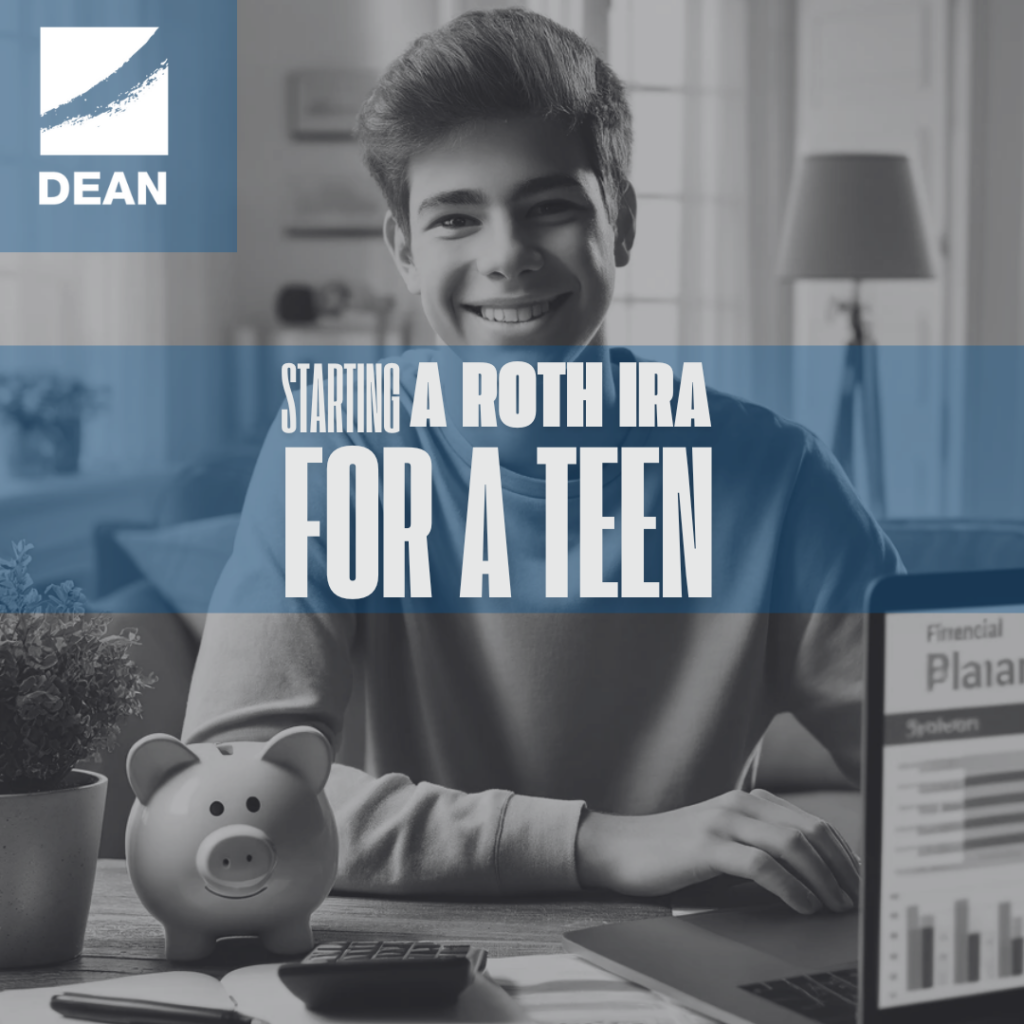 A monochromatic image of a smiling teenager sitting at a desk with a piggy bank, calculator, and laptop, symbolizing financial planning. The text overlay reads, "Starting a Roth IRA for a Teen" with a professional logo in the top-left corner.